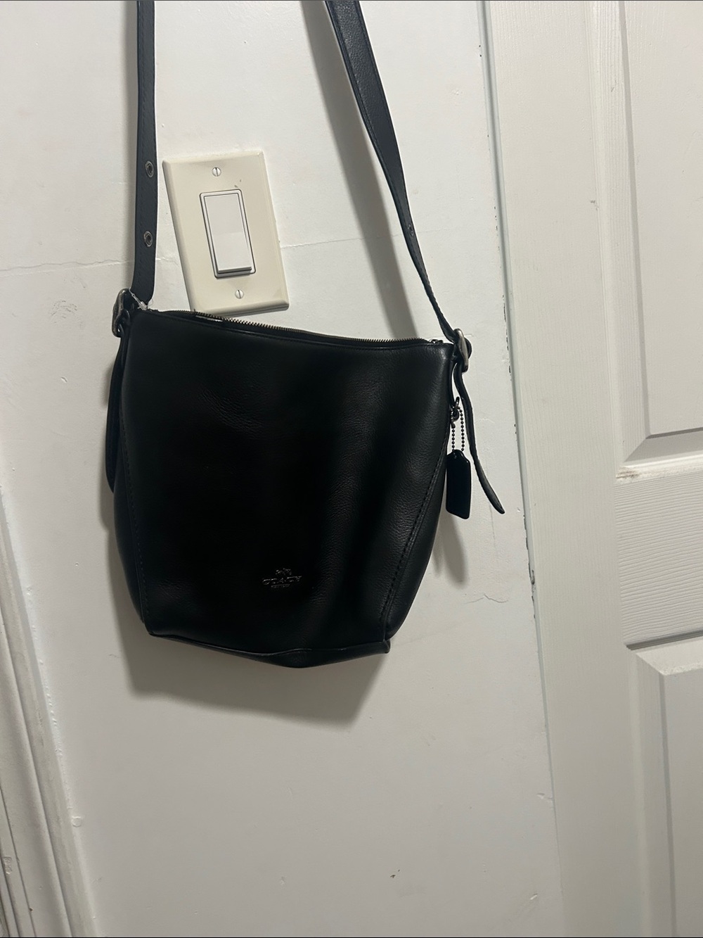 Coach Black Leather Bucket Crossbody with Tag Charm